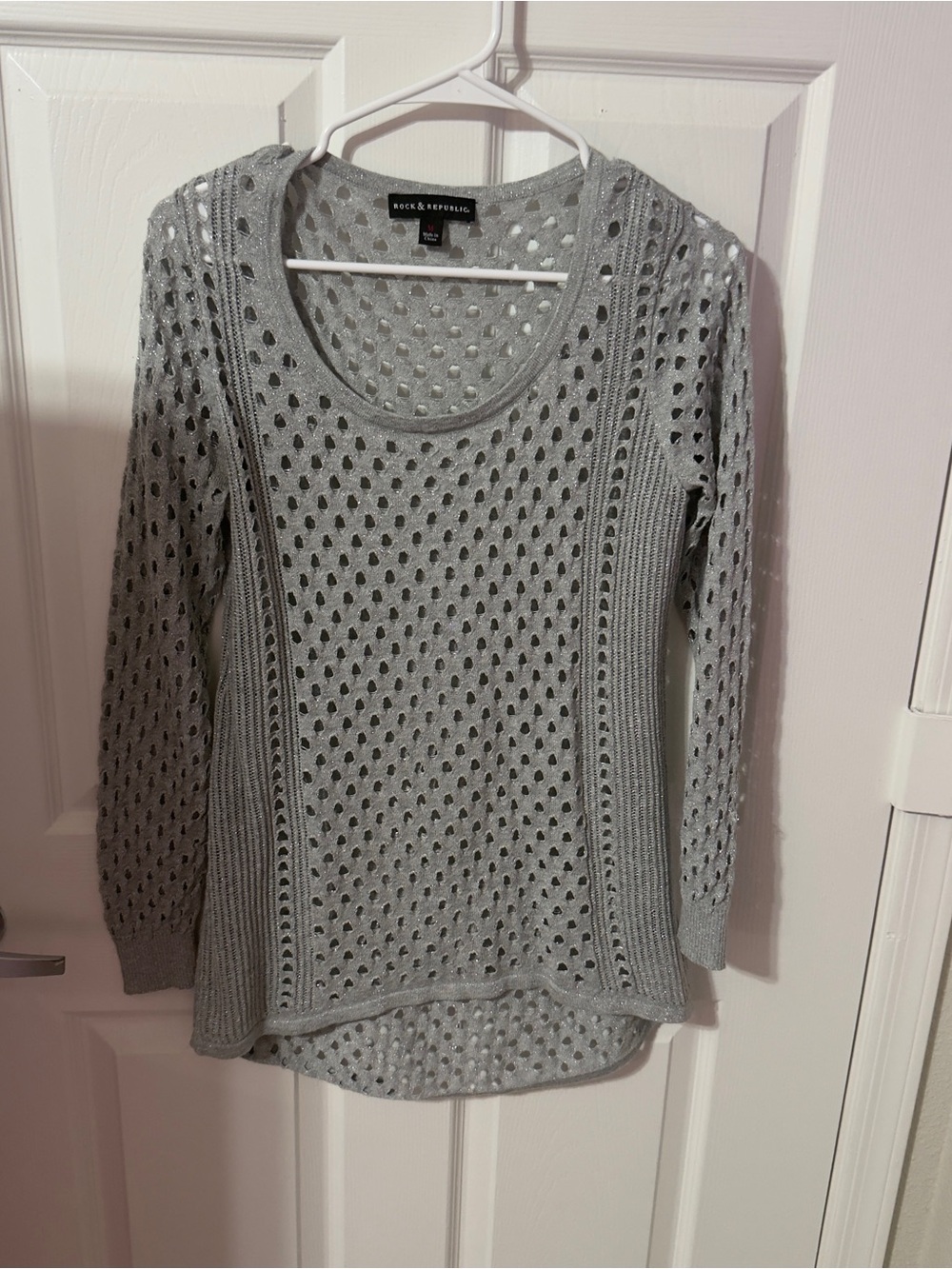 Rock & Republic Gray Open-Weave Scoop Neck Pullover